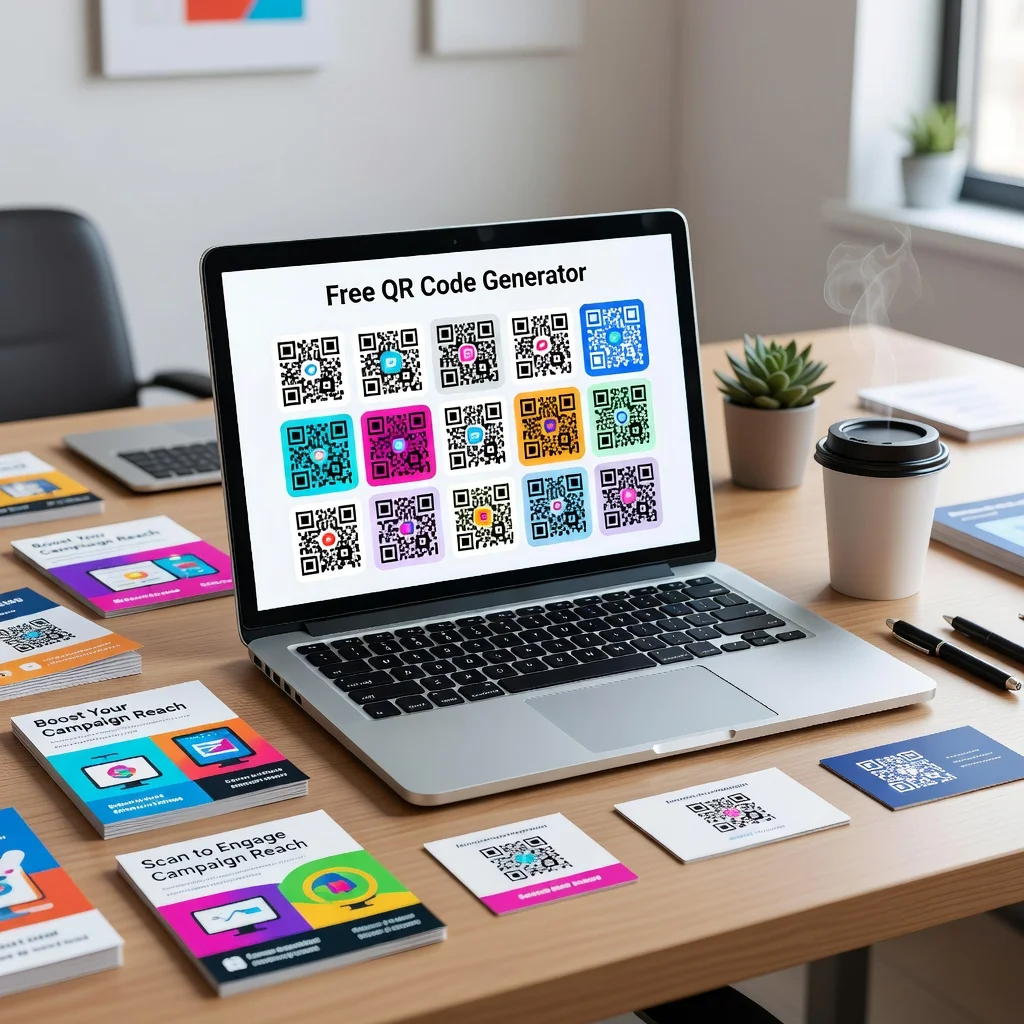 Laptop showing a free QR code generator website with multiple QR code designs on screen
