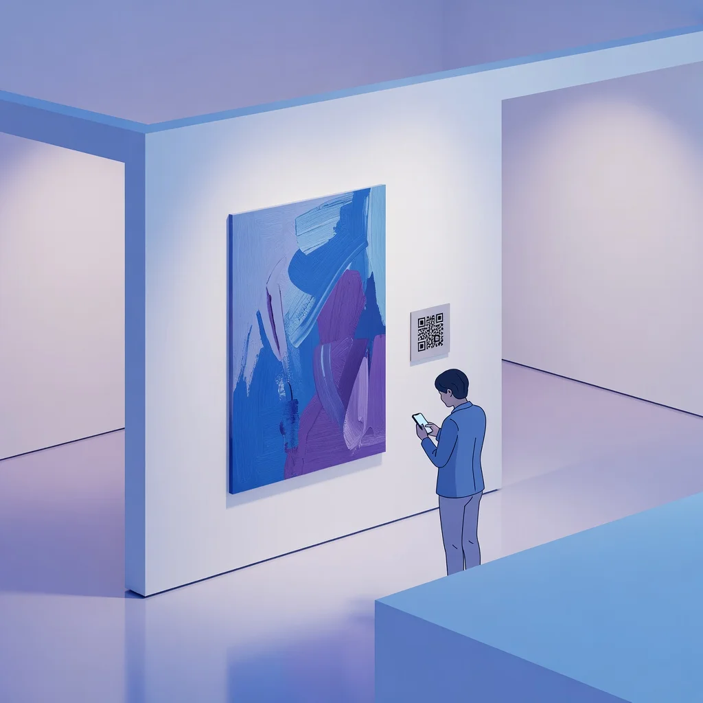 Museum exhibit with QR code providing visitors audio guides and historical context