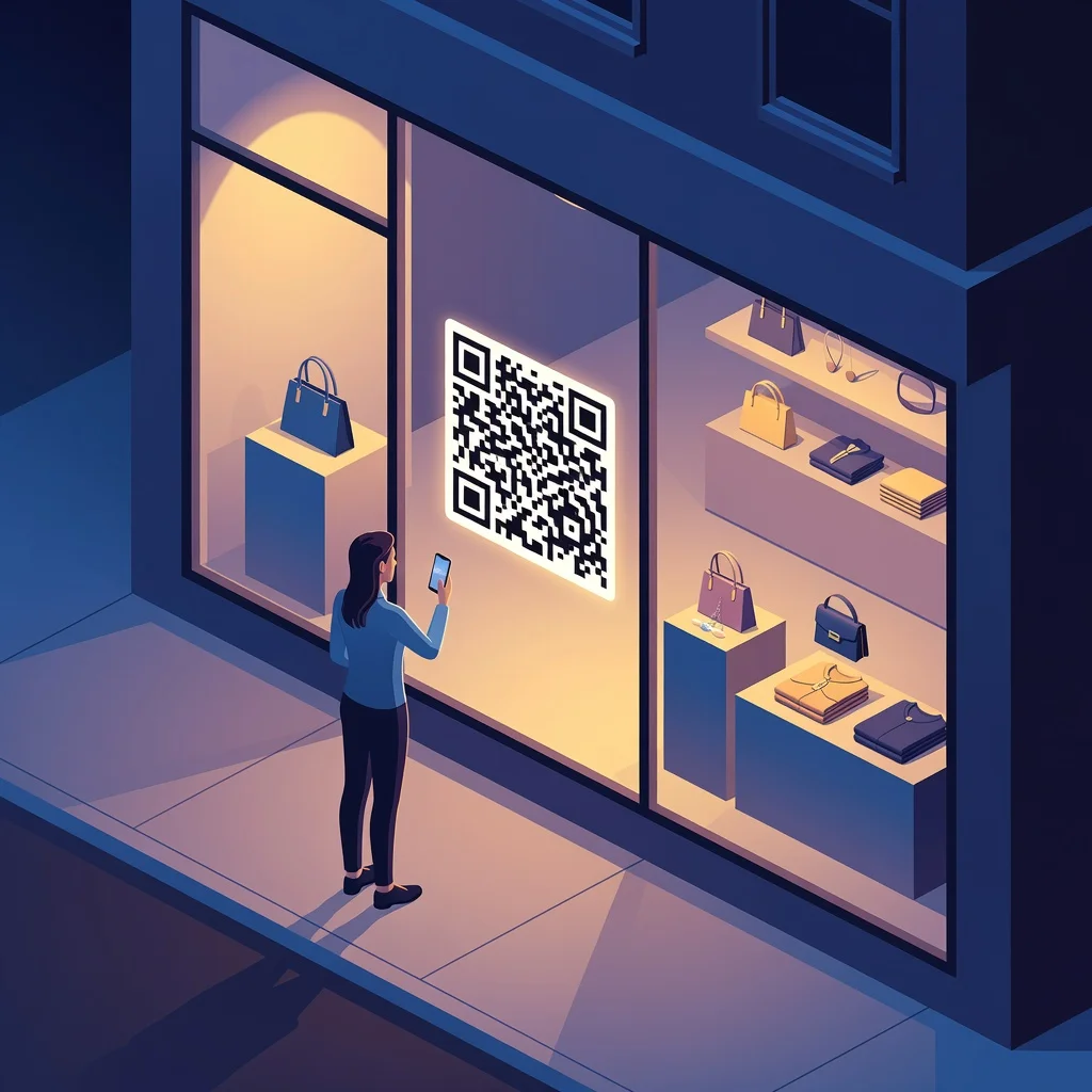 QR code displayed on a store window linking to online shop and promotions for passersby