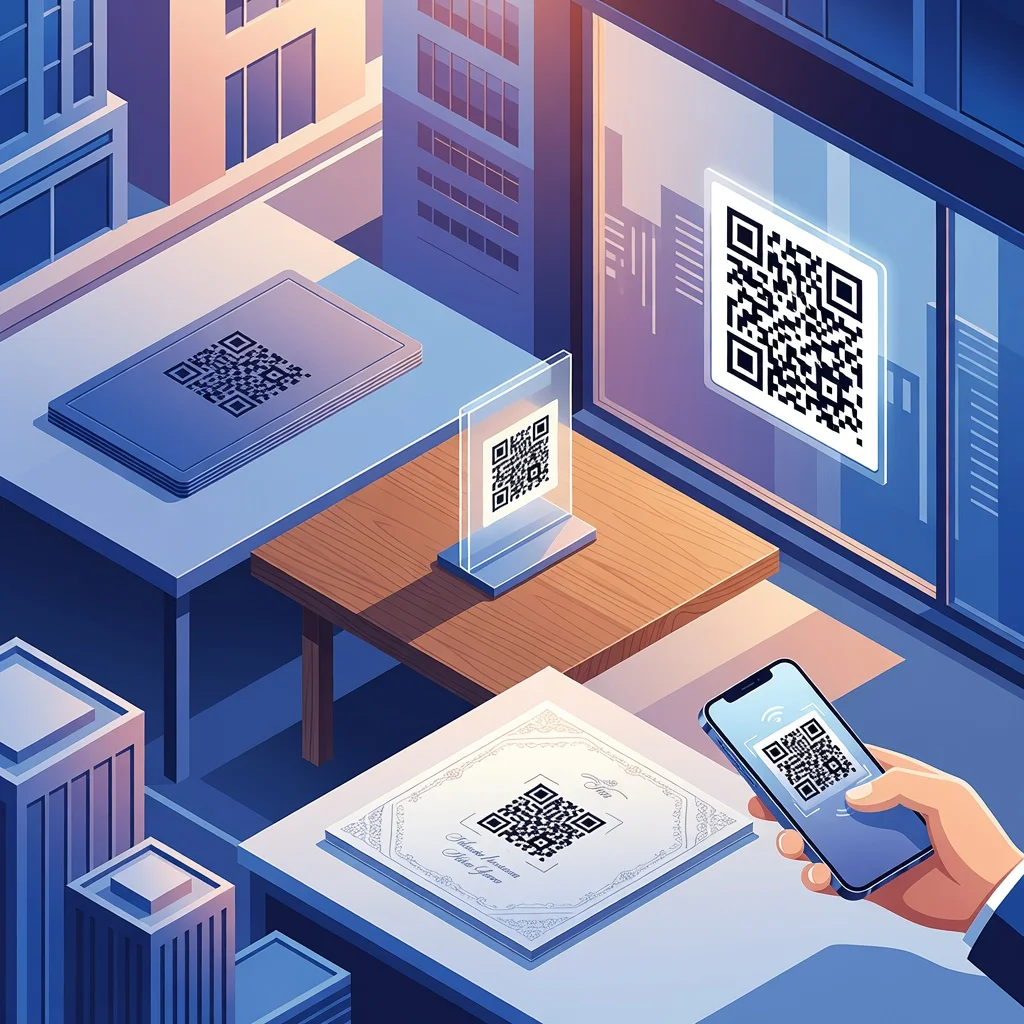 Isometric illustration of creative QR code applications including business cards, restaurant menus, store windows, wedding invitations and smartphone WiFi scanning