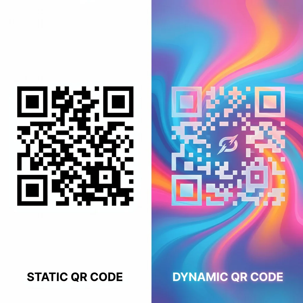 Comparison between a static black and white QR code and a dynamic QR code with embedded brand logo