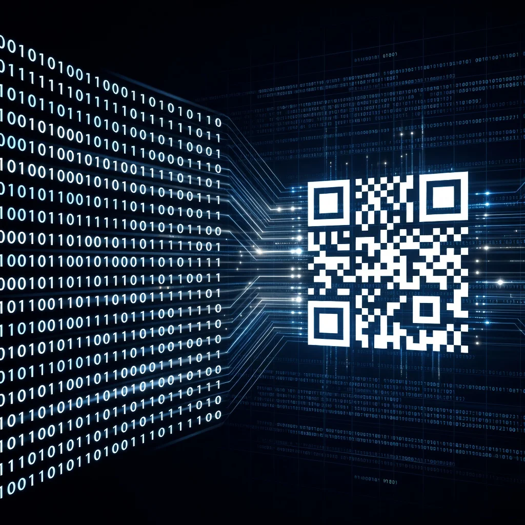 Technical visualization of data being encoded into a QR code matrix with binary transformation