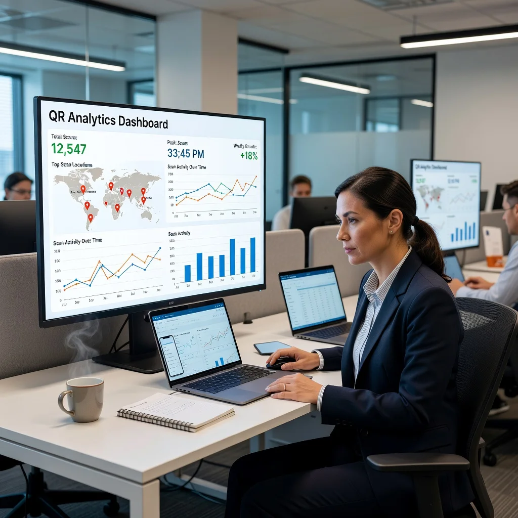 Marketing manager viewing QR code analytics dashboard showing scan counts and location data