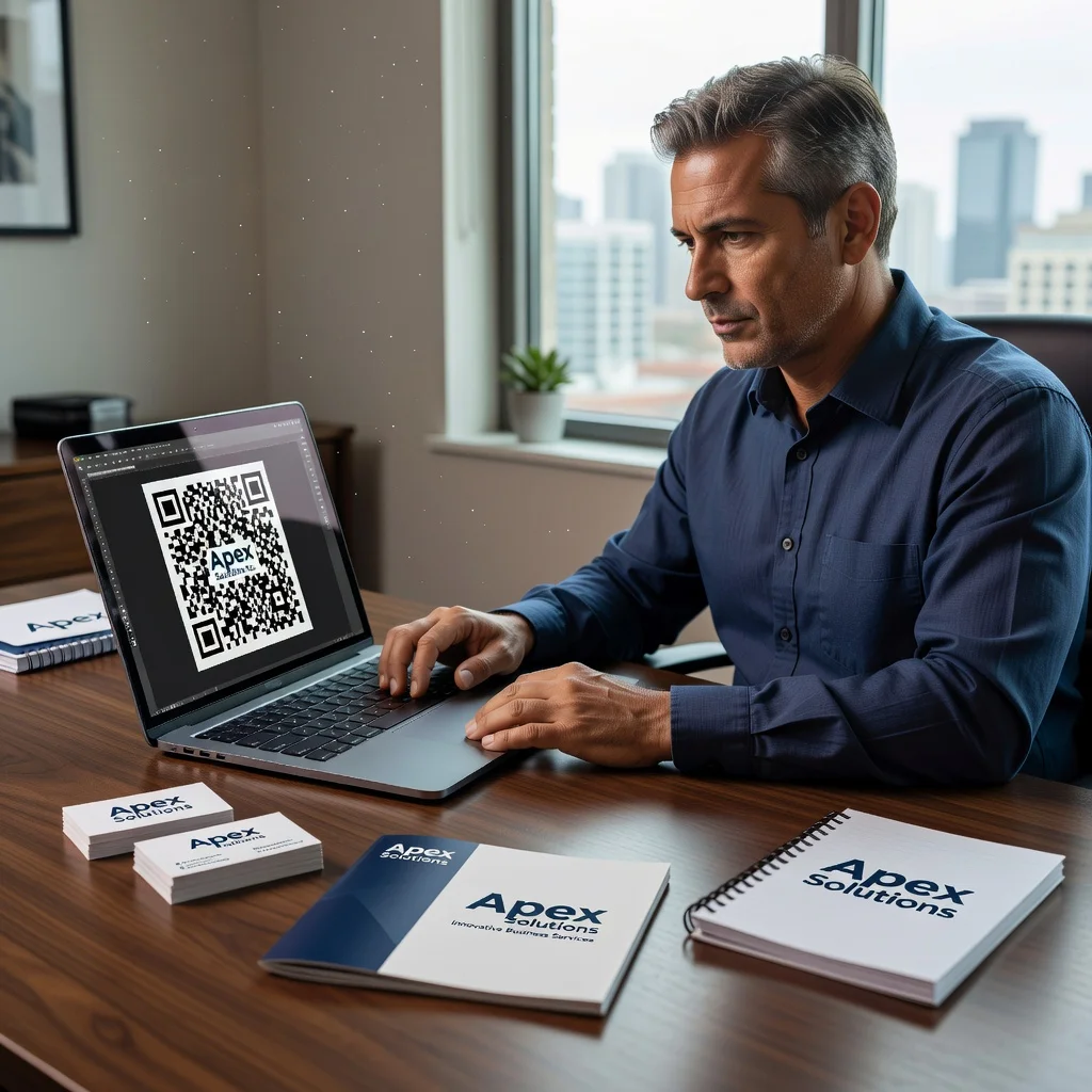 Business owner using a laptop to create a QR code for their company with branded materials