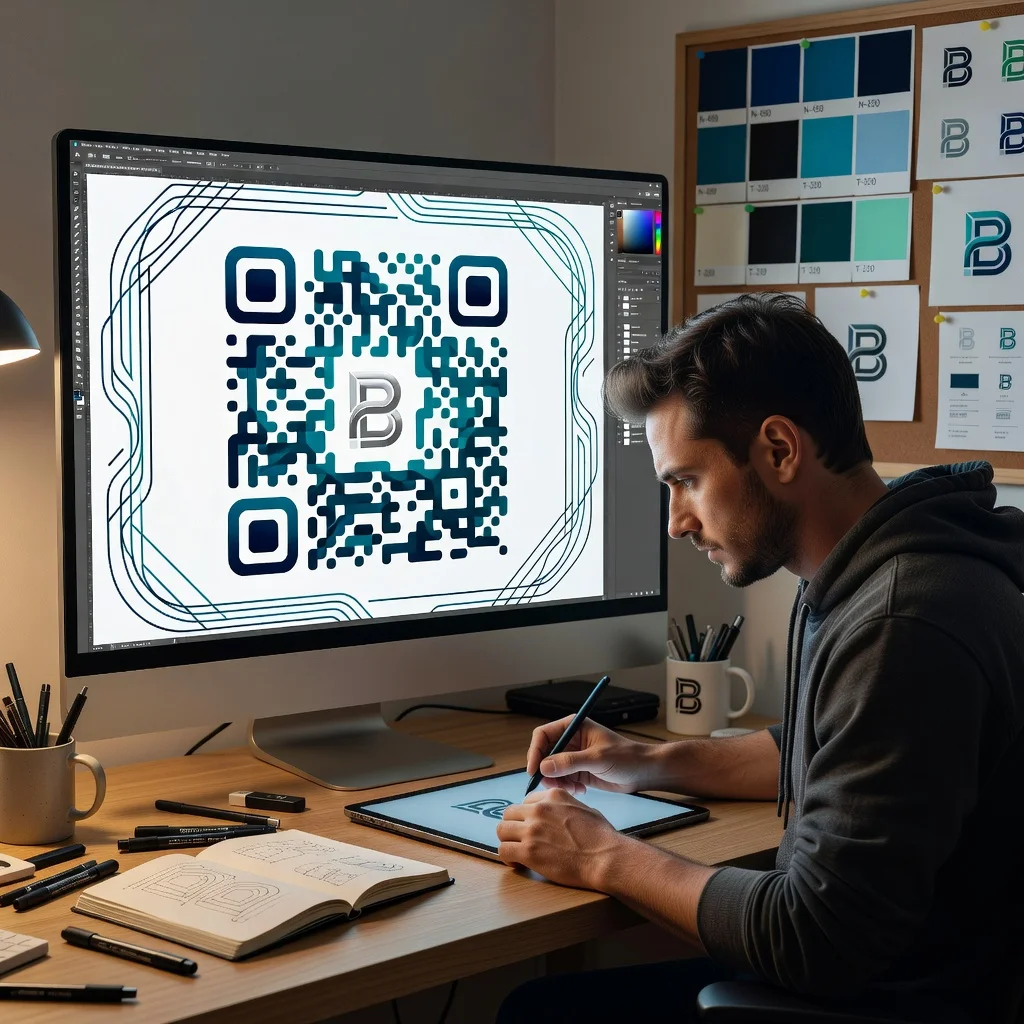Designer customizing a QR code with brand colors and logo on a computer screen