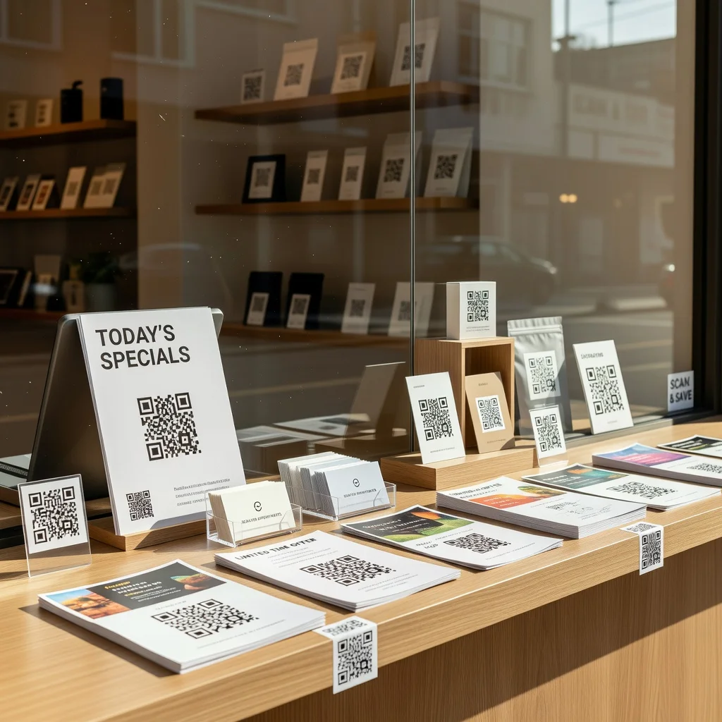 Storefront showing QR codes strategically placed on menus, business cards, and product displays