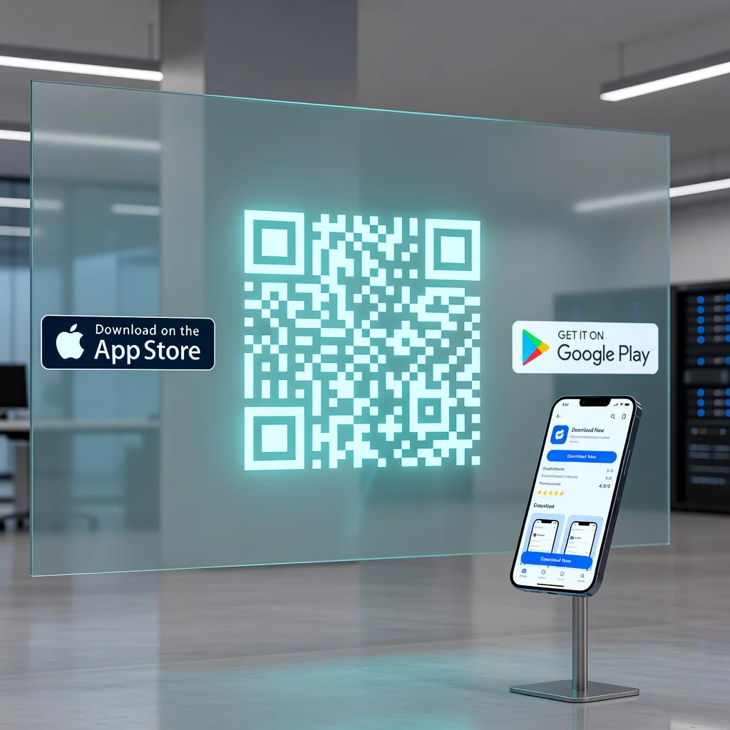 Promotional display with QR code flanked by App Store and Google Play badges for app download