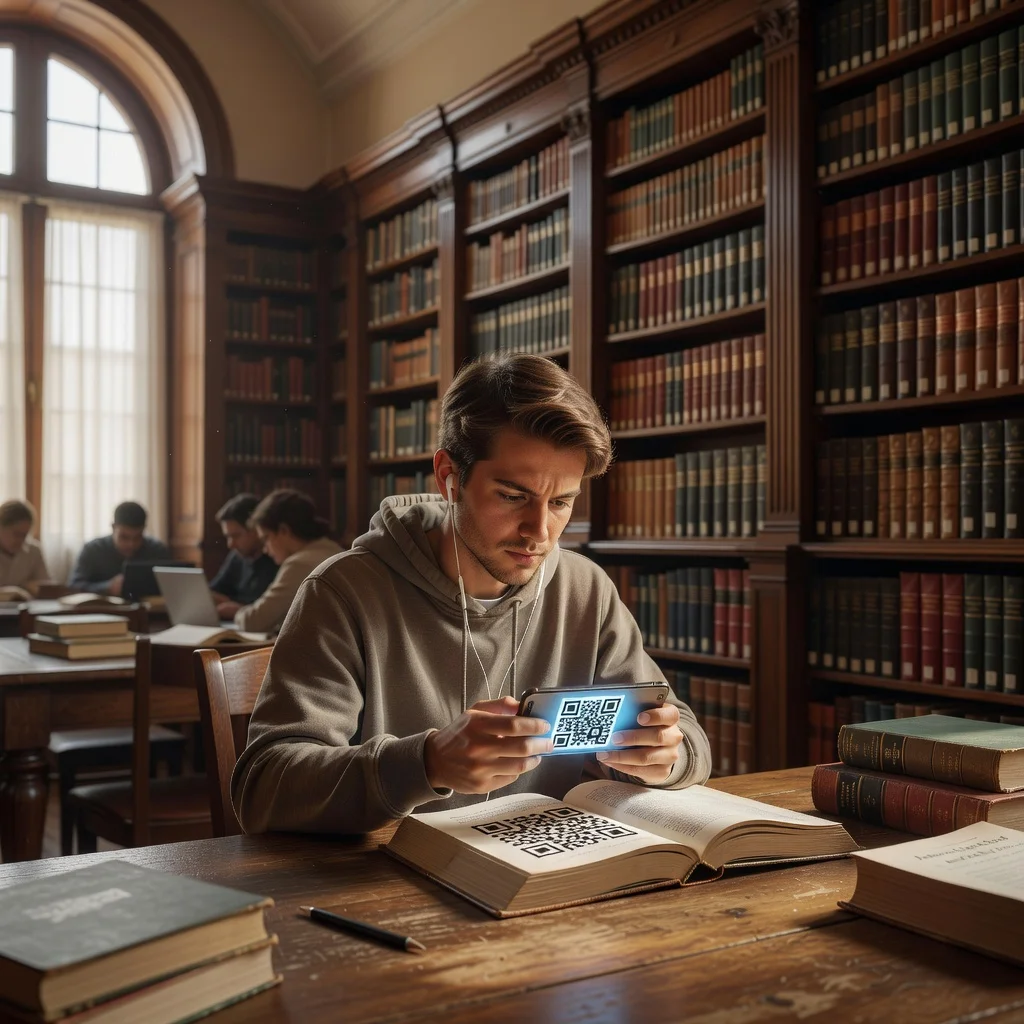 Student in a library scanning a QR code in a textbook to listen to an educational audio lesson