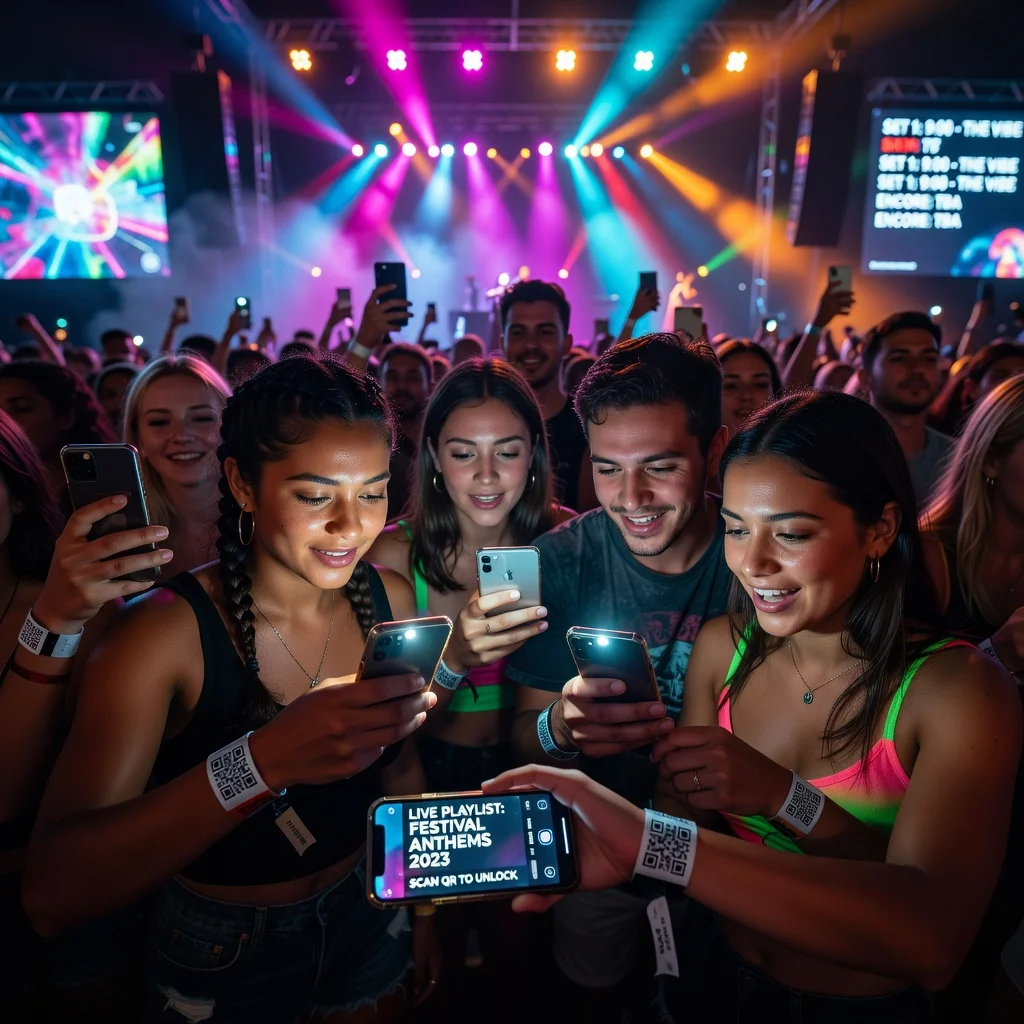 Concert-goers at a music festival scanning a QR code to access a live playlist and setlist