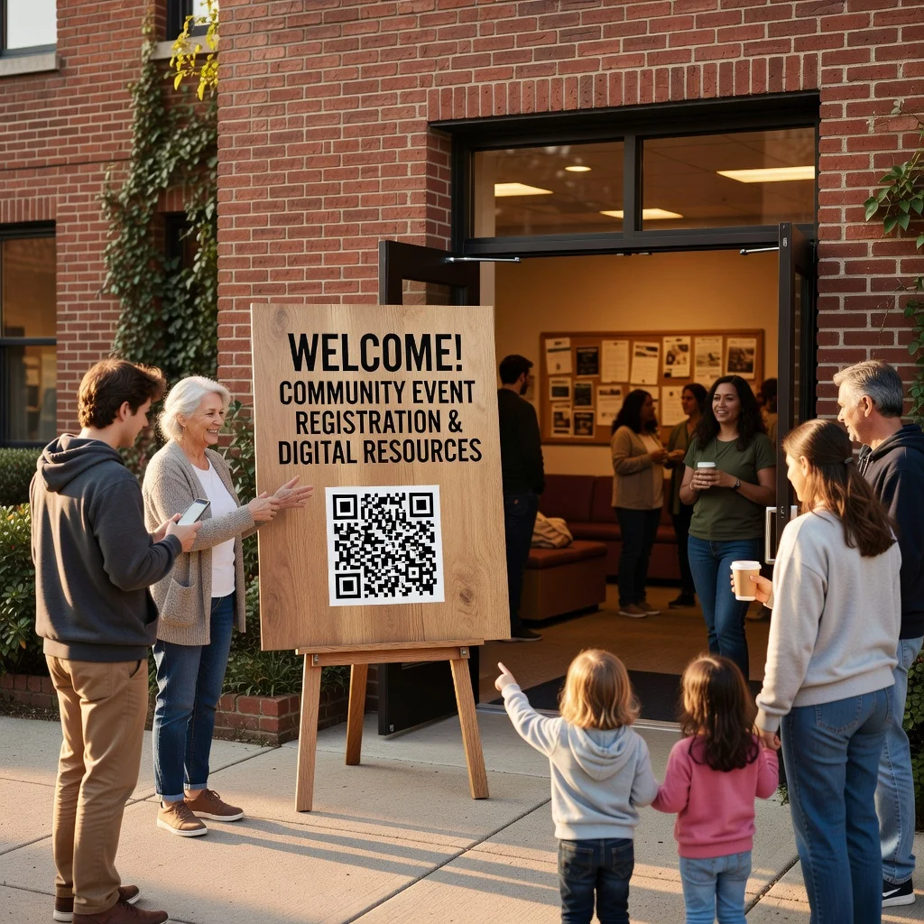 Community center entrance with a welcoming QR code sign for event registration and digital resources