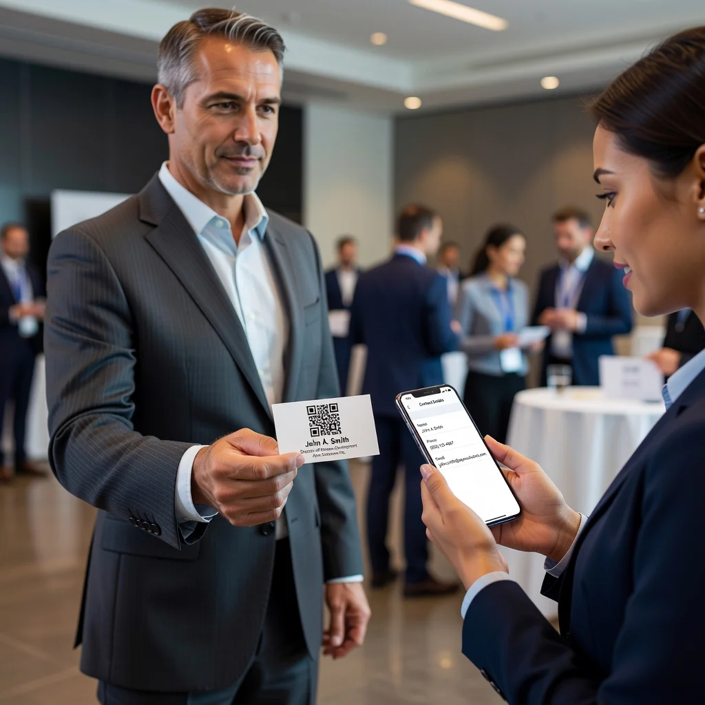 Professional sharing a business card with QR code while recipient's phone auto-fills contact details
