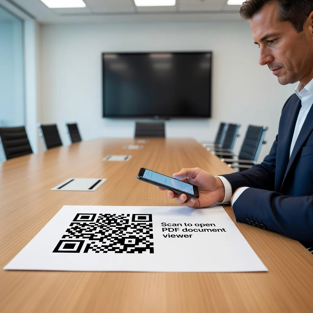 Presentation handout with QR code being scanned to open a PDF document viewer