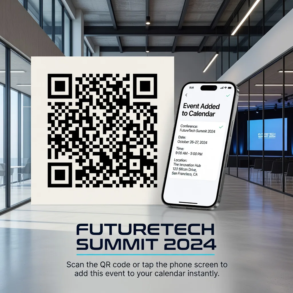 Conference event poster with QR code and a phone showing Add to Calendar confirmation