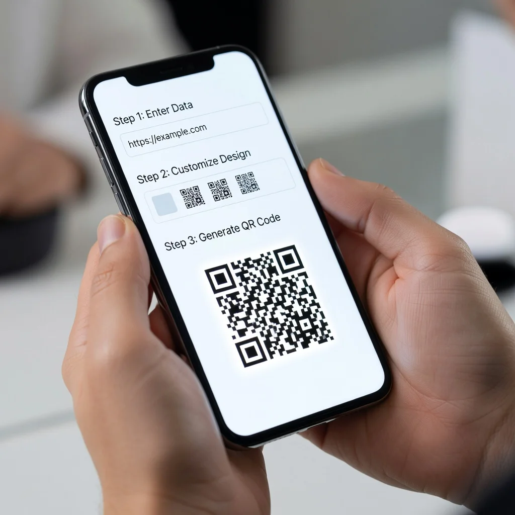 Hands holding a smartphone showing the step-by-step QR code creation process