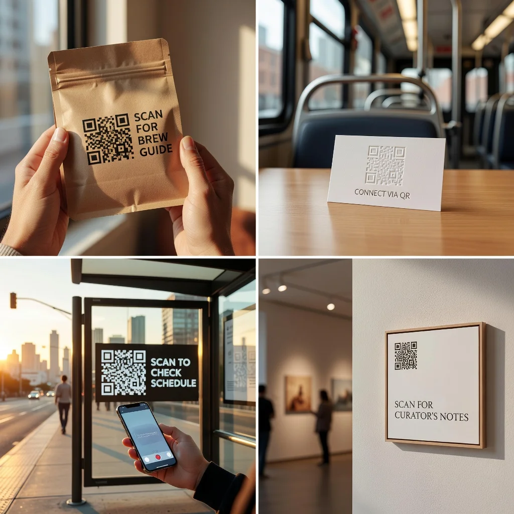 Collage of QR codes used in daily life on packaging, business cards, transit stops, and museums