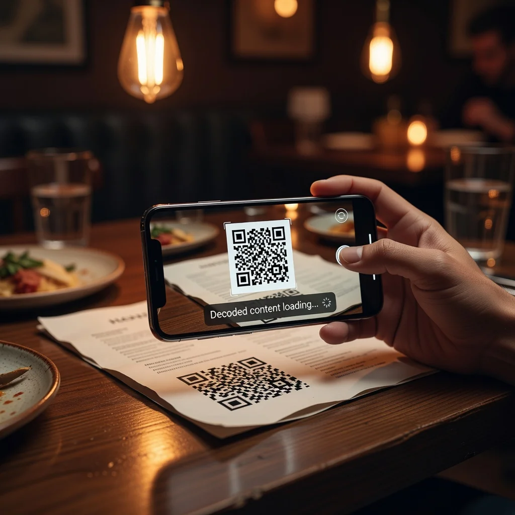 Person scanning a QR code on a restaurant menu with their phone showing decoded content