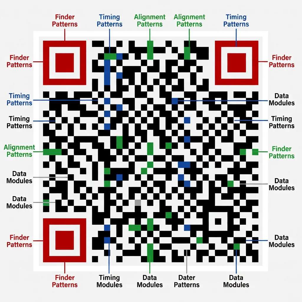Detailed diagram of a QR code showing finder patterns, timing patterns, and data modules