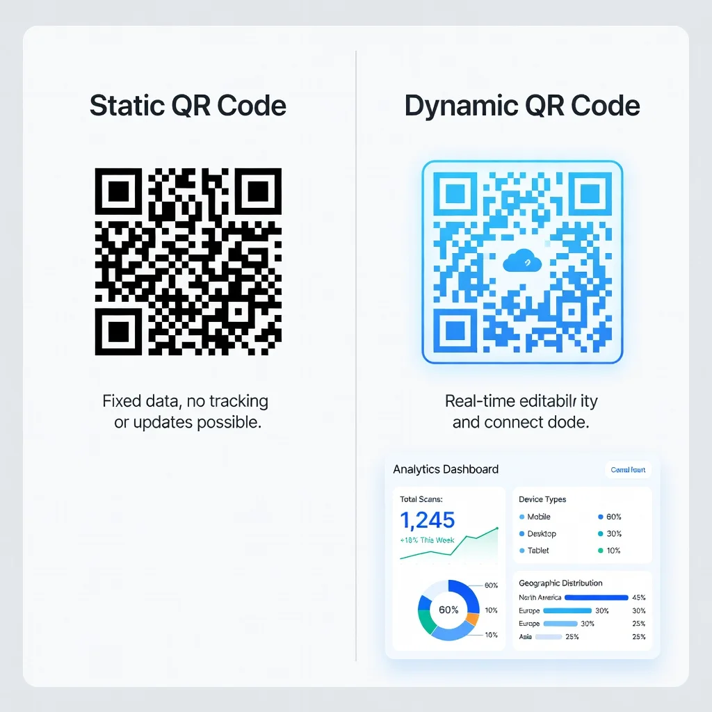 Side by side comparison of static and dynamic QR codes with analytics dashboard