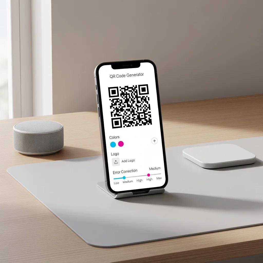 Smartphone displaying QR code generator app with customization options for colors and logos