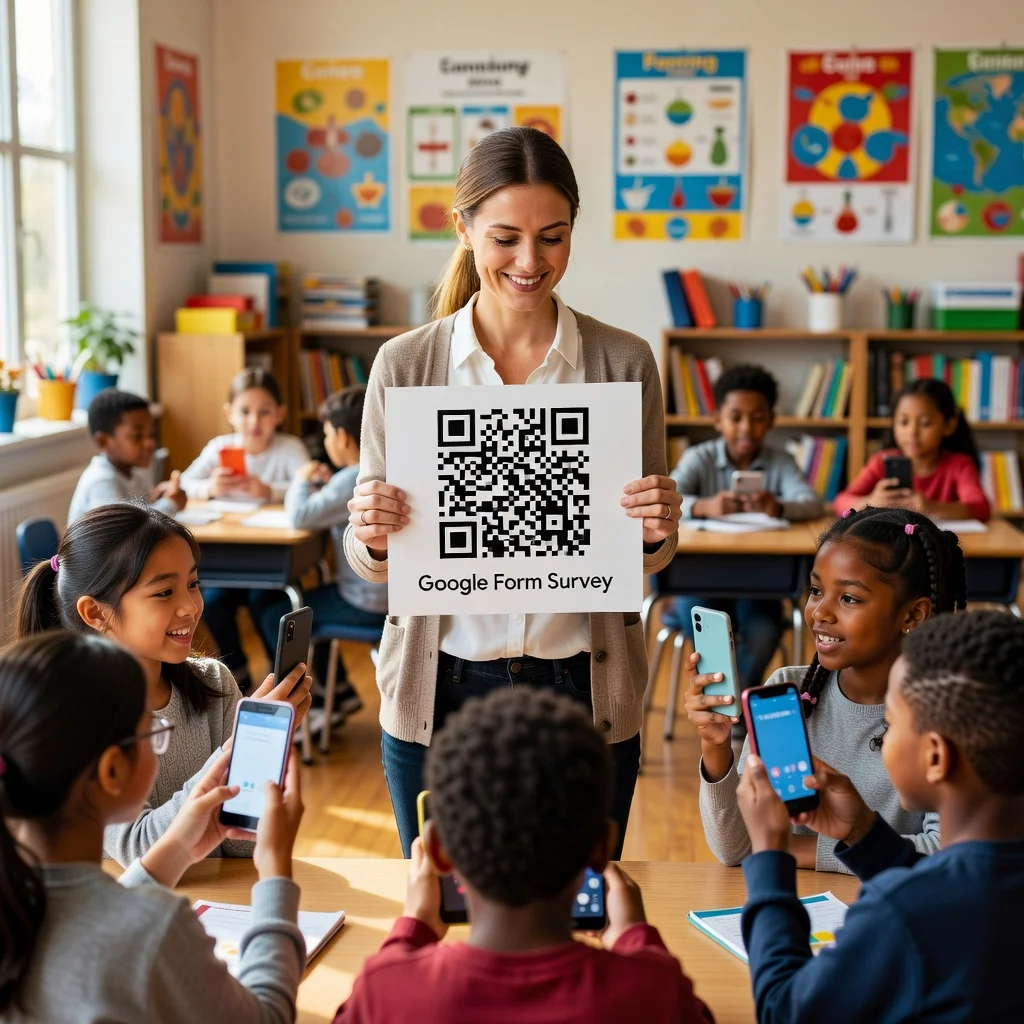 Teacher in a classroom holding a QR code while students scan it to access a Google Form survey