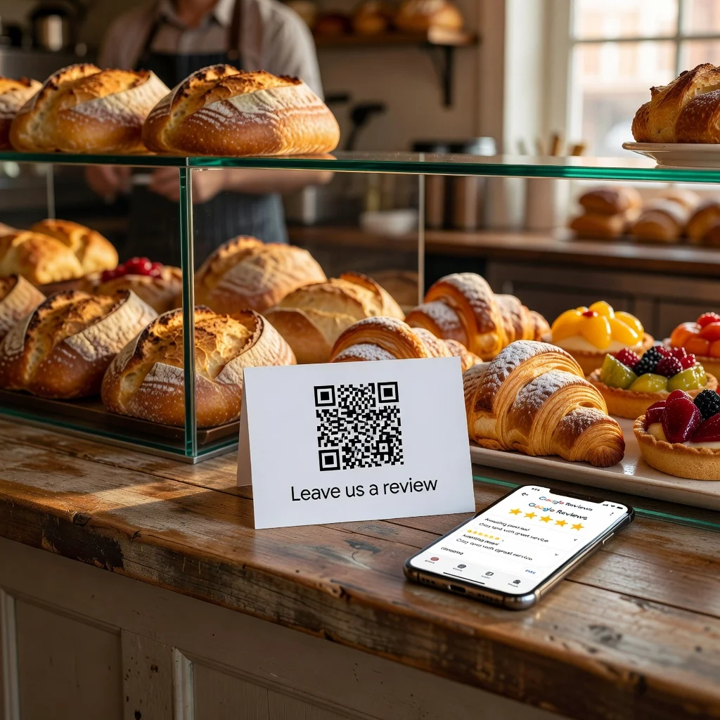 Bakery counter with a QR code tent card for leaving Google Reviews and phone showing star rating interface