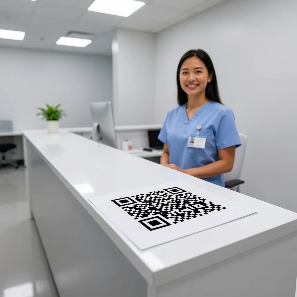 Medical office reception with a QR code on a patient check-in form in a clean clinical setting
