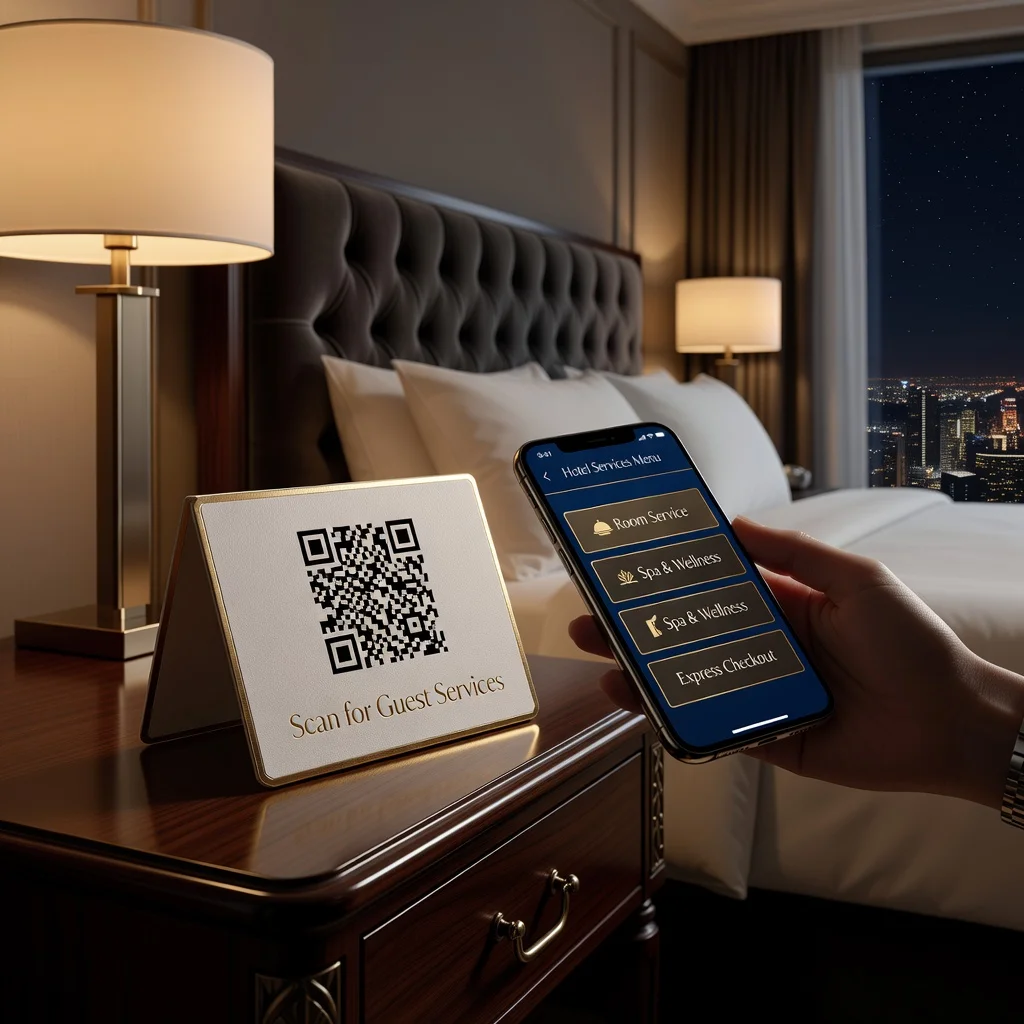 Hotel room nightstand with QR code tent card for accessing room service, spa, and checkout options