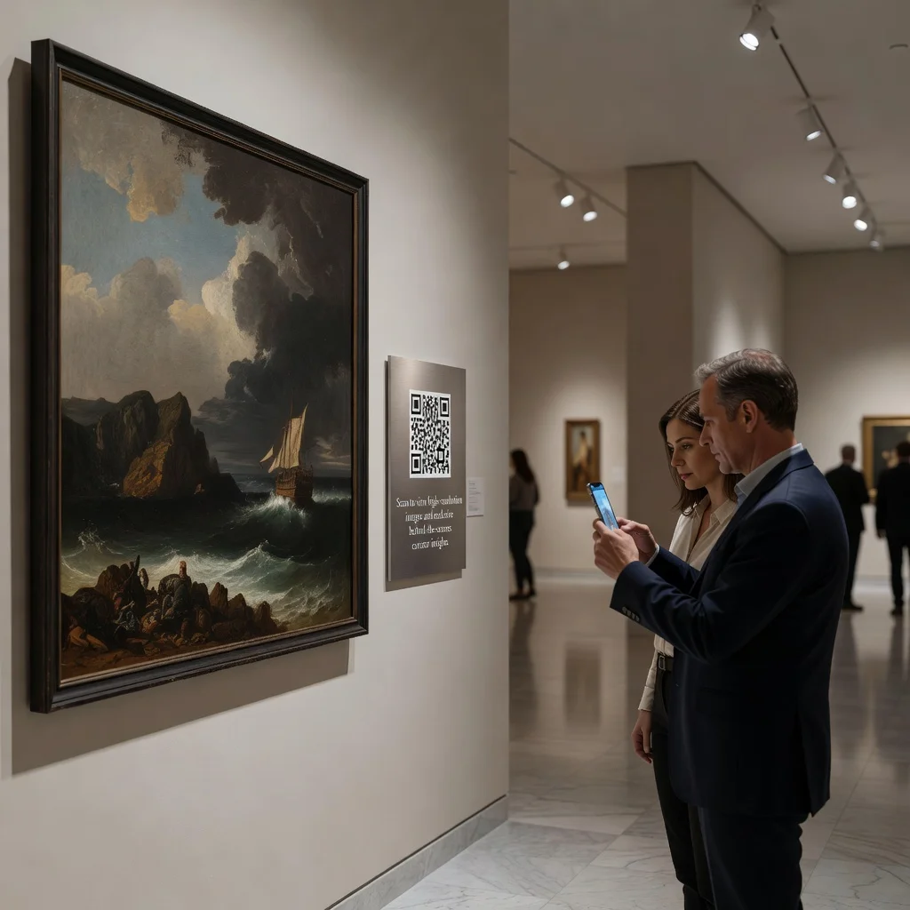 Exposition de musée avec une plaque à code QR permettant aux visiteurs d'accéder à des images haute résolution et à des détails