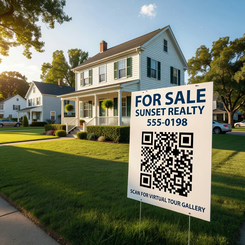 Real estate for-sale sign with a QR code linking to a virtual property tour gallery