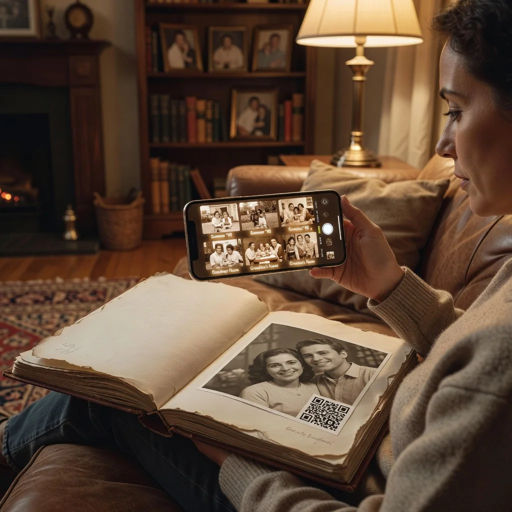 Person scanning a QR code on a photo album to play an interactive video slideshow