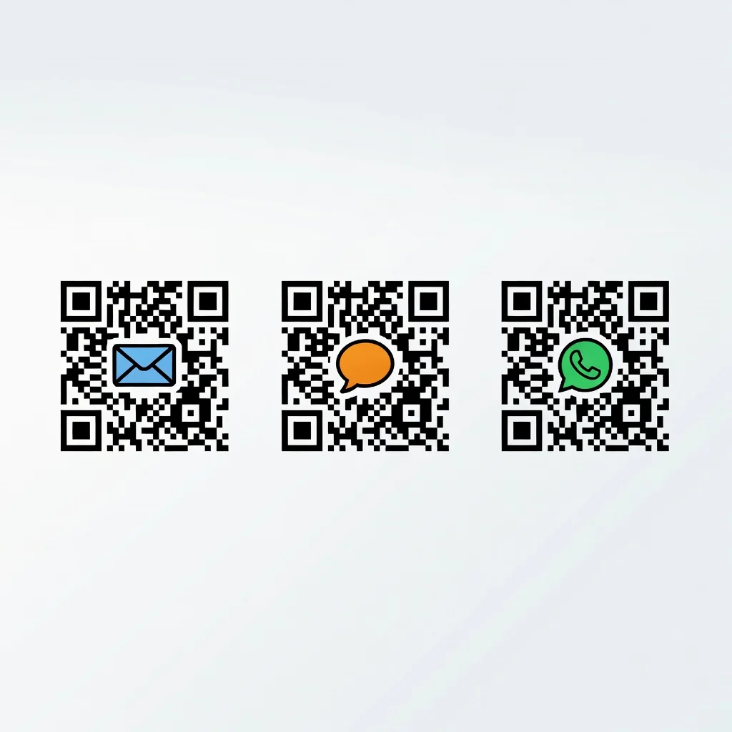 Three QR codes with email, SMS, and WhatsApp icons for instant digital communication