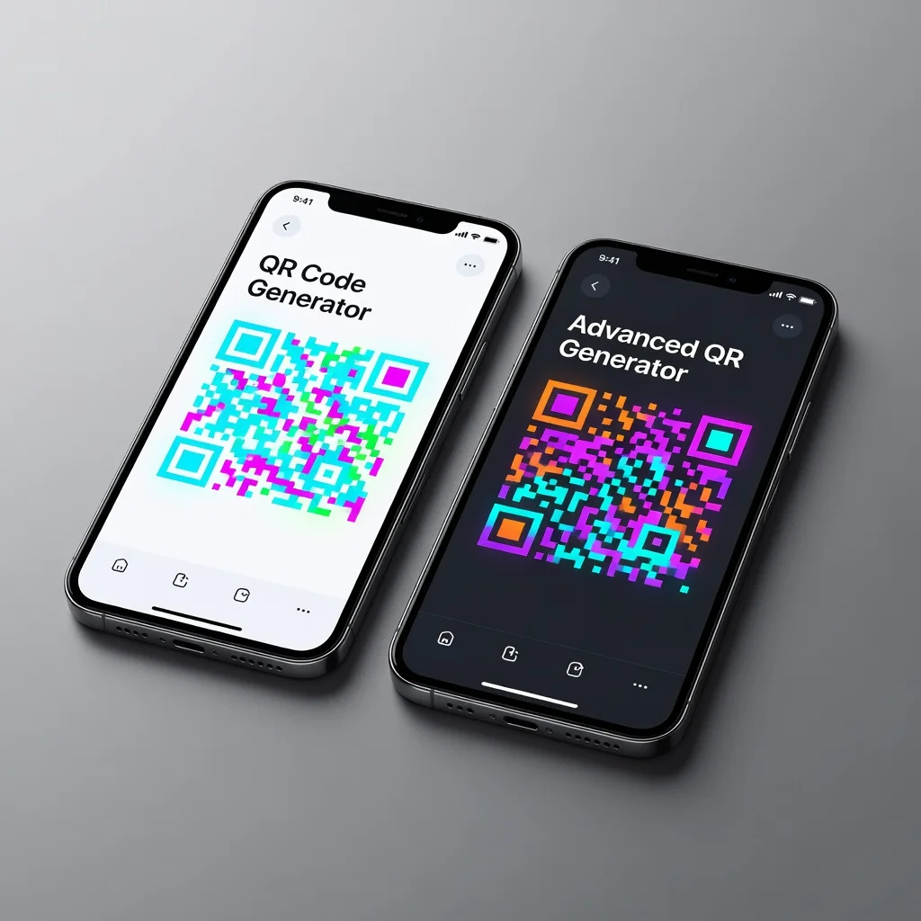 iPhone and Android phones side by side displaying QR code generator apps