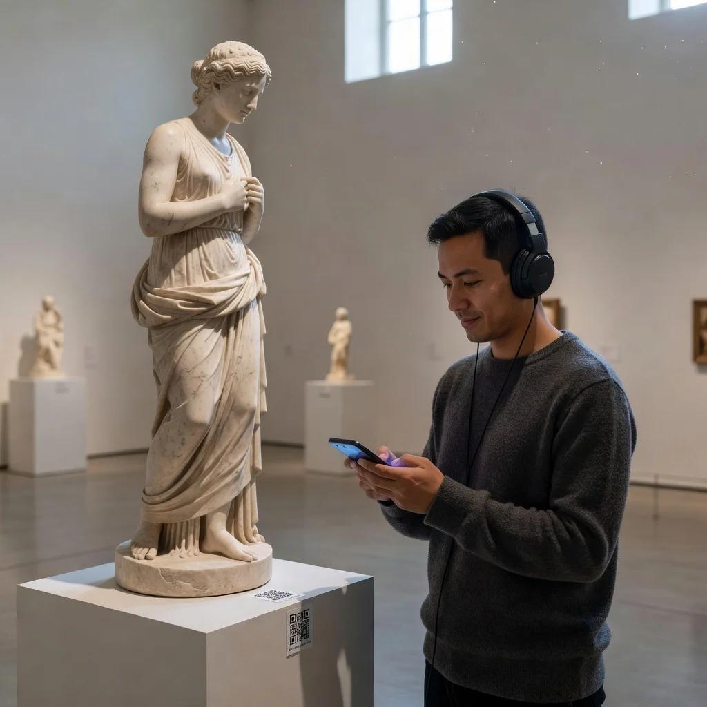 Person wearing headphones in a museum gallery scanning a QR code for an audio guide