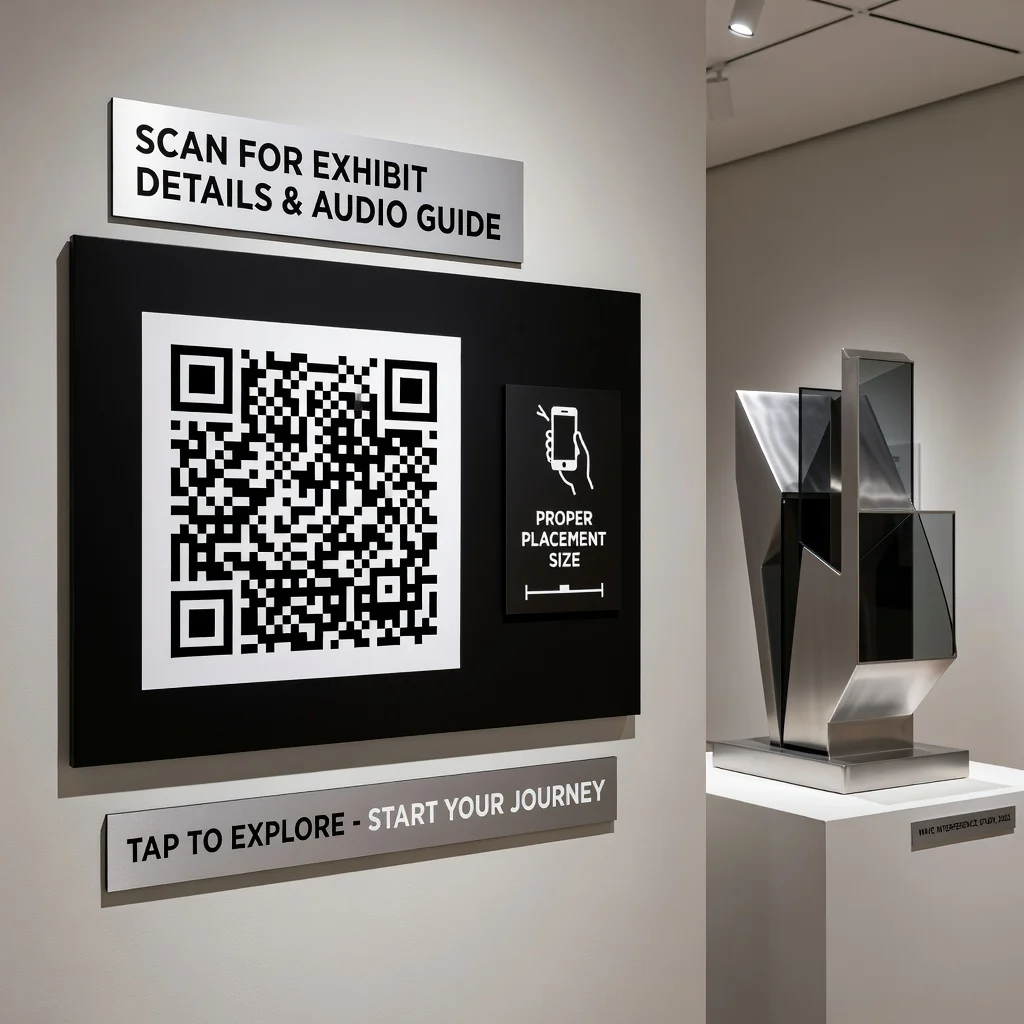 Well-designed museum QR code display showing proper placement and signage next to an exhibit