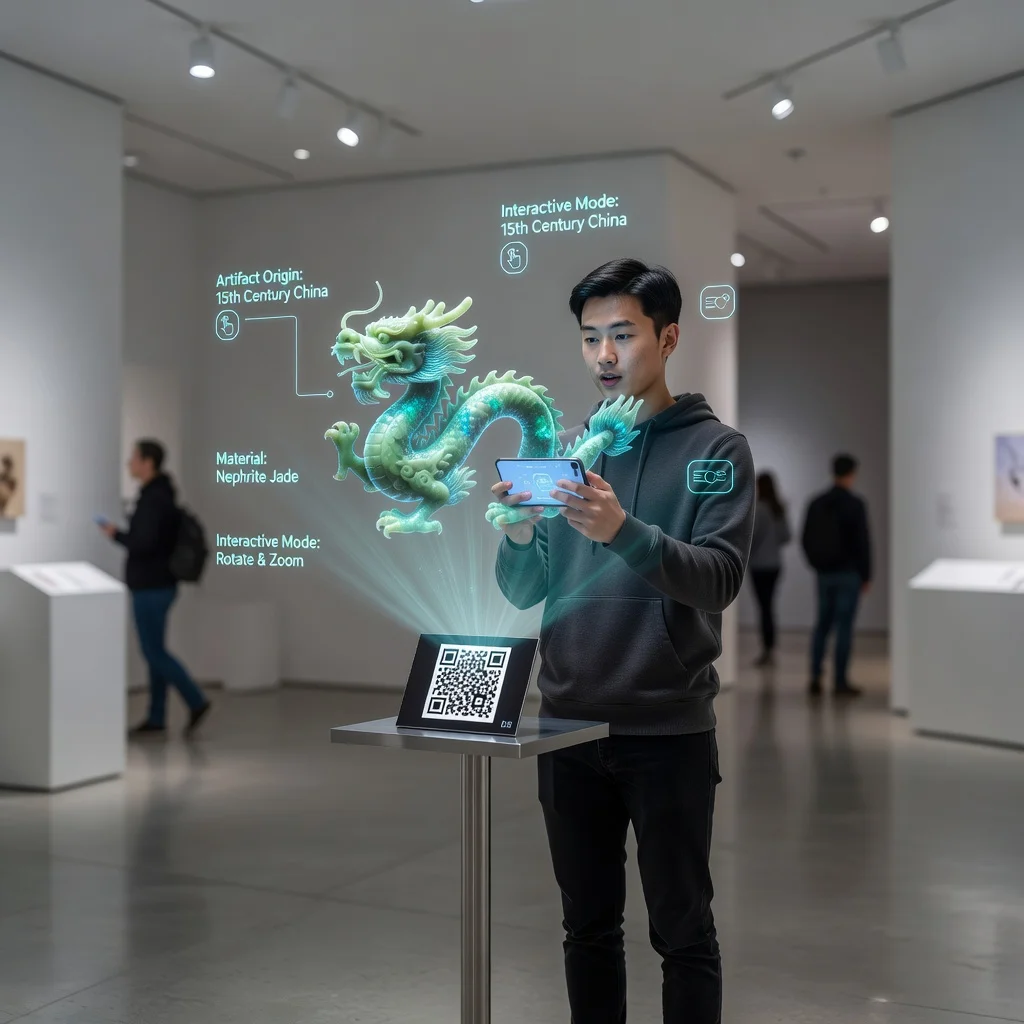 Visitor using a phone to scan a QR code revealing an interactive 3D overlay of a historical artifact