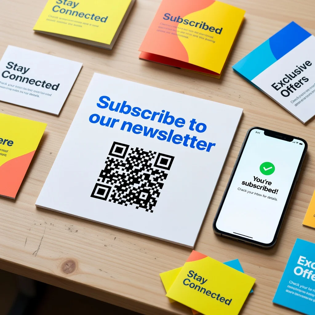 Printed flyer with QR code and Subscribe to our newsletter text with phone showing signup confirmation