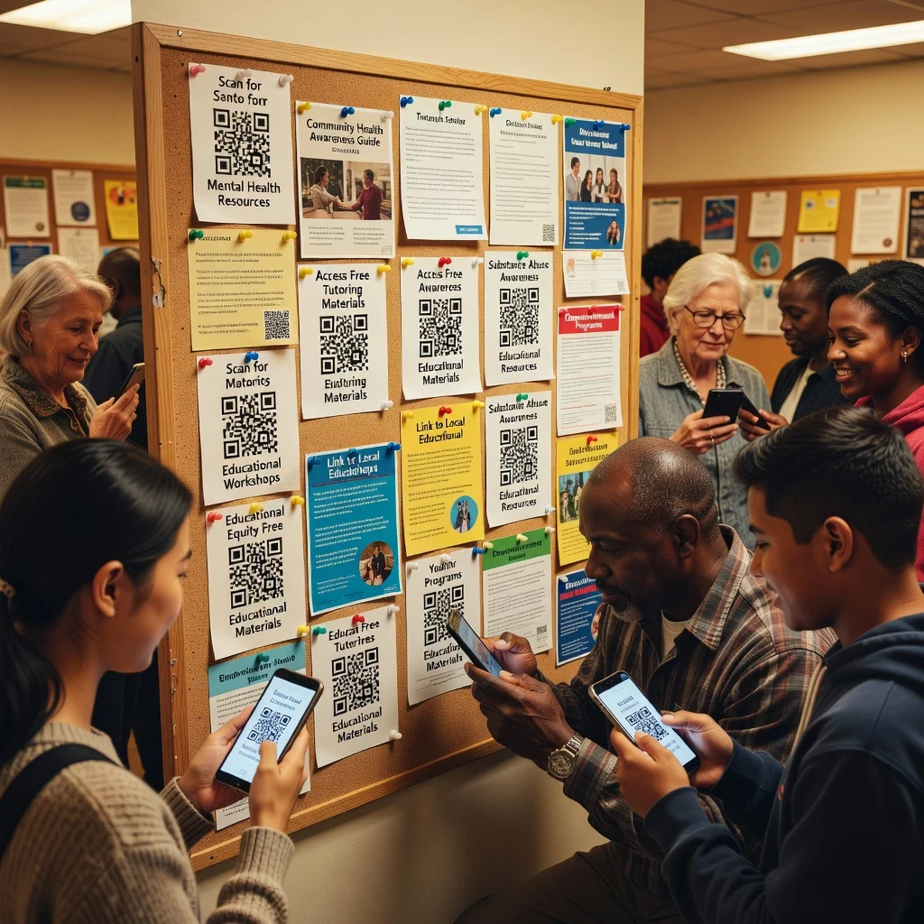 Community center bulletin board with QR codes linking to educational resources and awareness materials