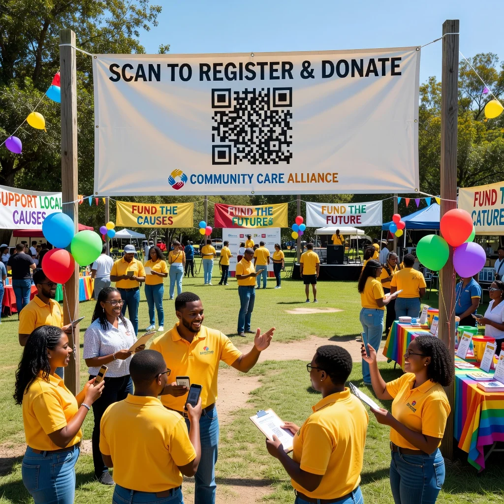 Volunteers at a nonprofit charity event with attendees scanning a QR code to register and donate