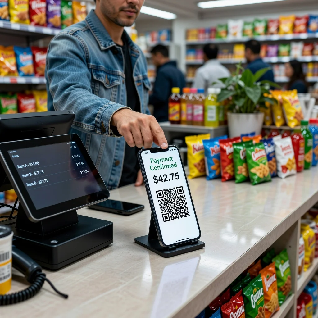 Customer scanning a QR code at a point-of-sale counter with phone showing payment confirmation