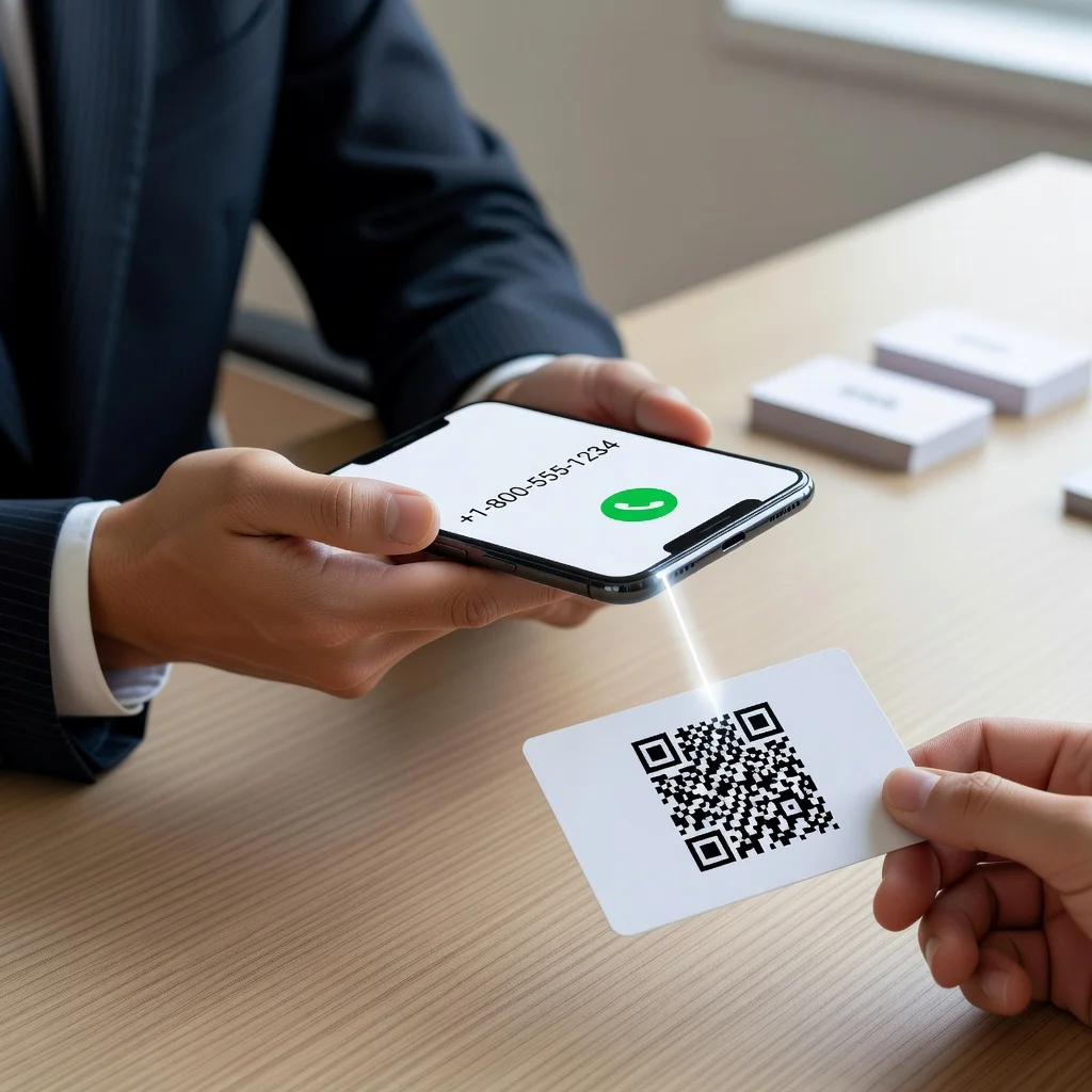 Person scanning a QR code on a business card with phone showing a pre-filled call dialer