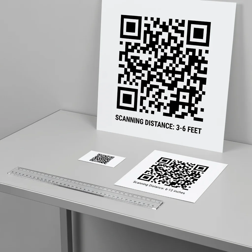 Designer's desk with printed QR codes at various sizes on business card, flyer, and banner with sizing references