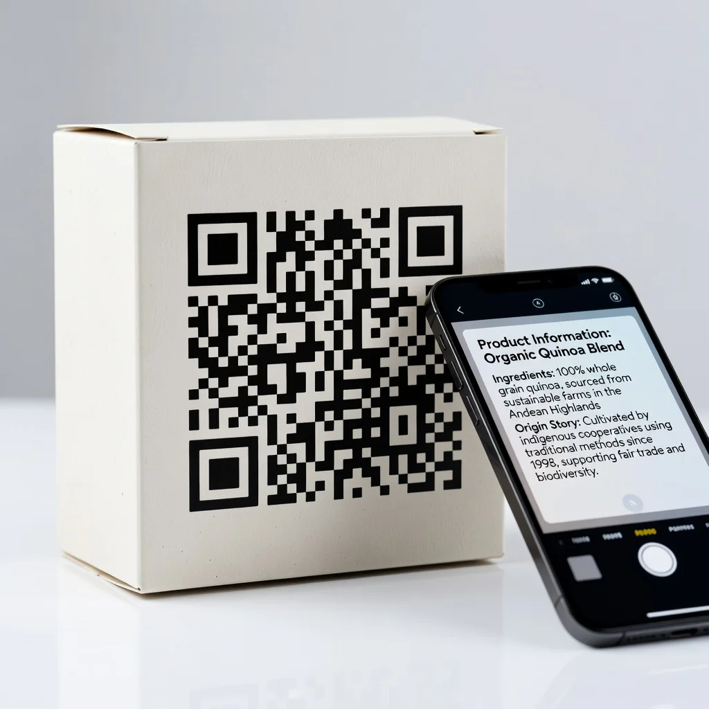 Consumer product packaging with a QR code being scanned to reveal product information and ingredients