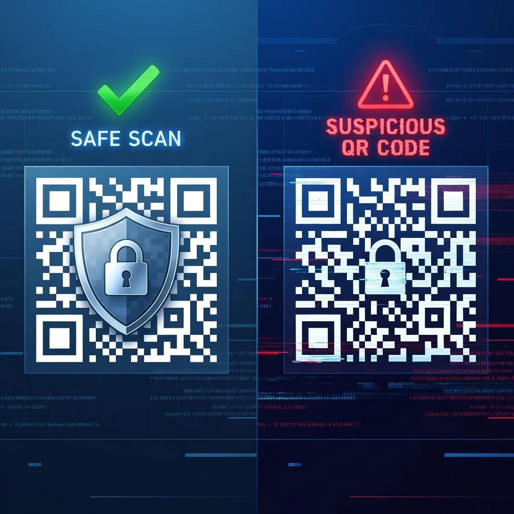 QR code with shield and lock overlay showing safe scan versus warning alert for suspicious QR code