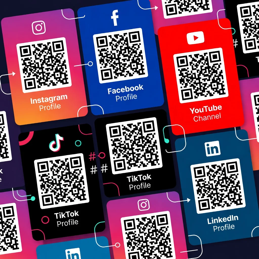 Vibrant collage of QR codes on social media profile cards for Instagram, Facebook, YouTube, TikTok, and LinkedIn