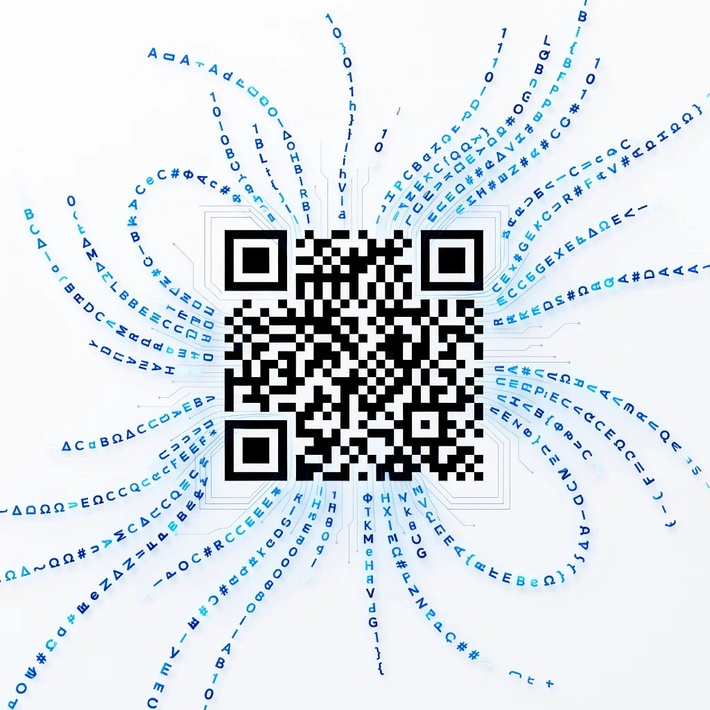 Minimalist visualization of a QR code with plaintext characters streaming outward as data decodes