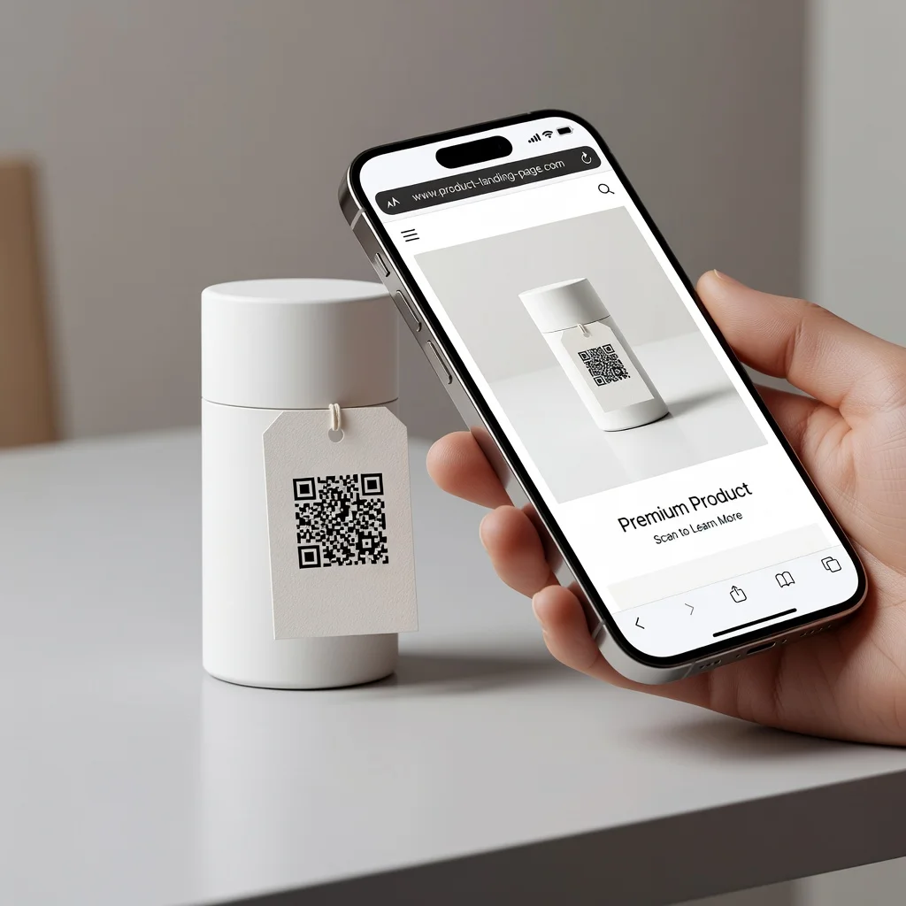 Person scanning a QR code on a product tag with phone browser loading a landing page