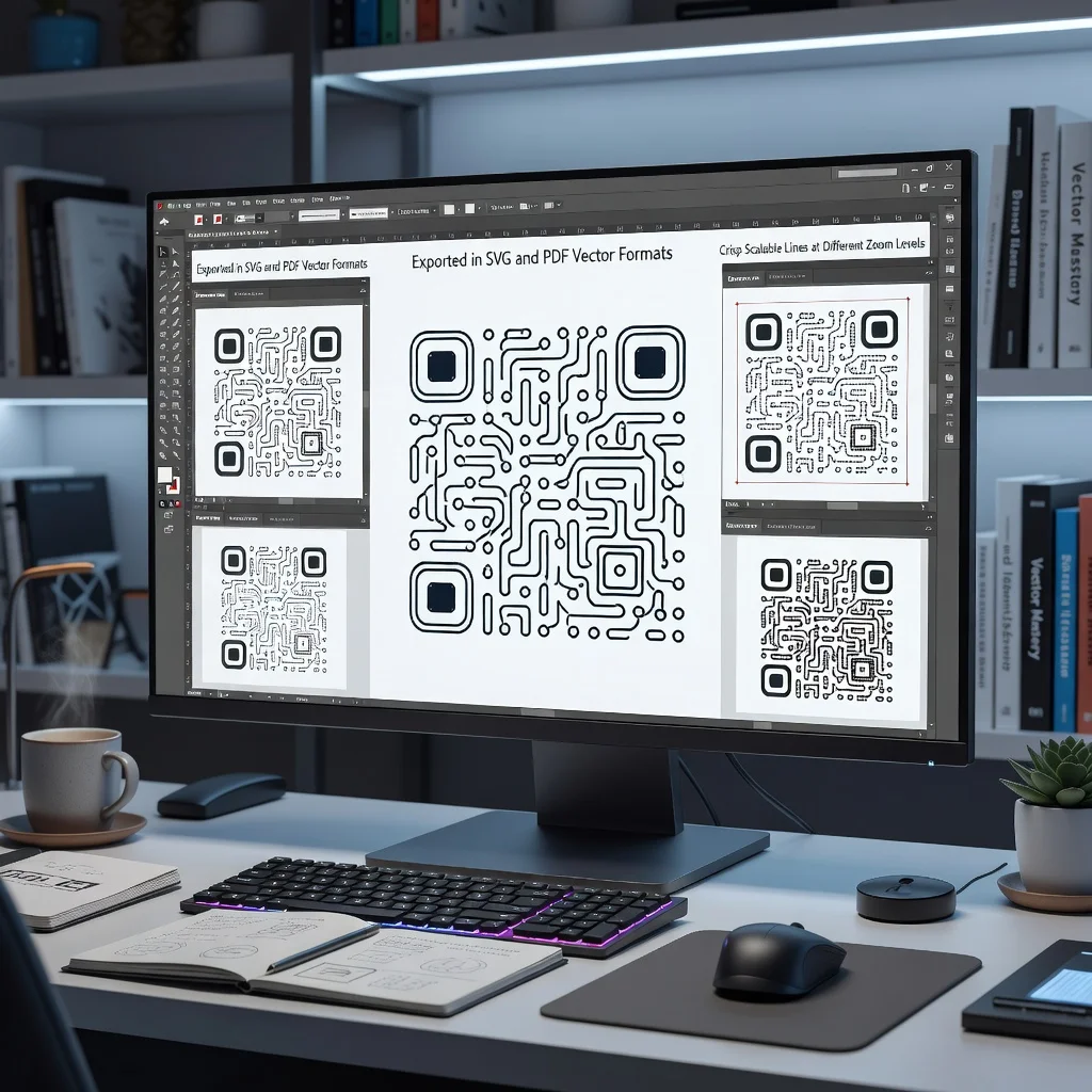 Designer's monitor showing QR code exported in SVG and PDF vector formats with crisp scalable lines