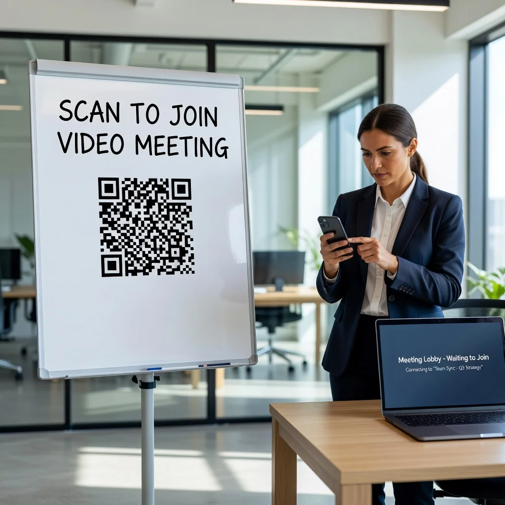 Office whiteboard with QR code for joining a video meeting and laptop opening meeting lobby