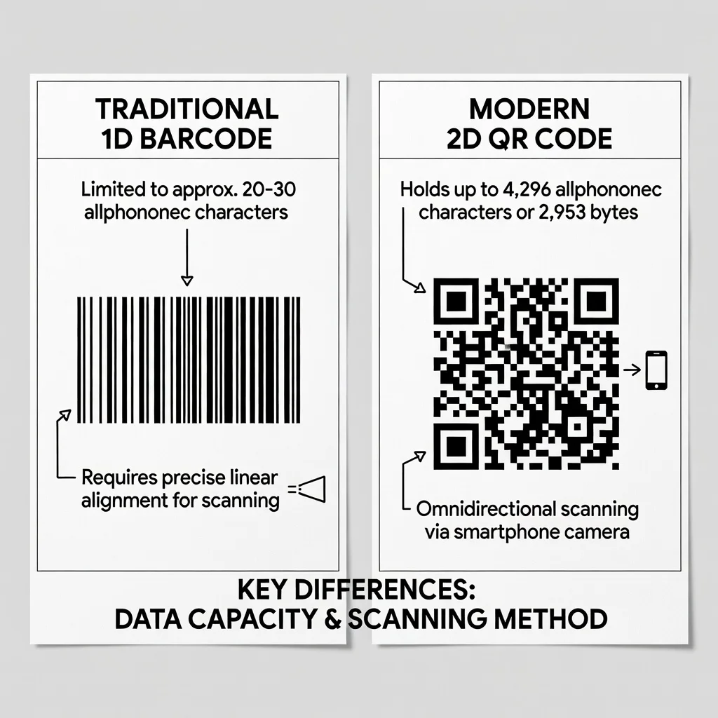 Side by side comparison of a traditional barcode and QR code with data capacity callouts