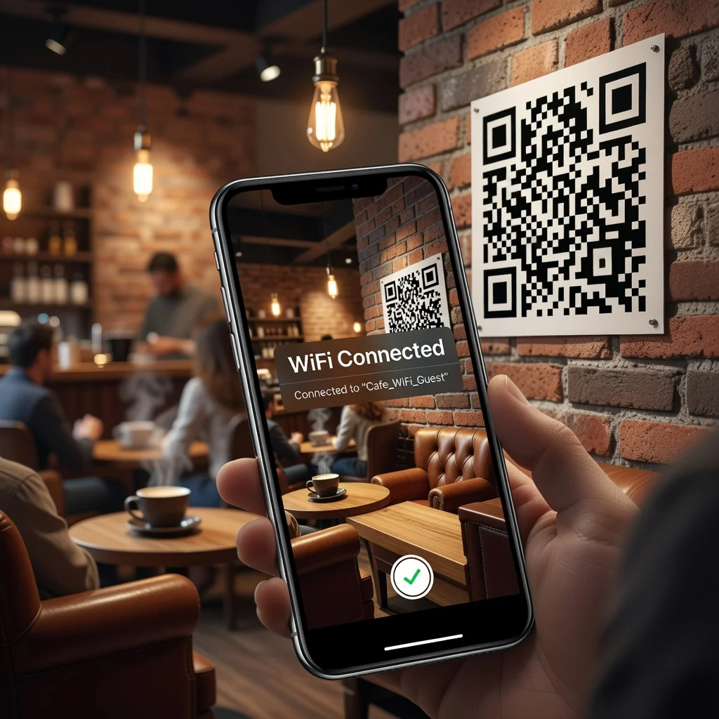 Smartphone scanning a QR code on a cafe wall to connect to WiFi automatically